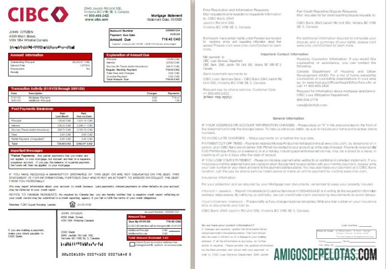 Extrato de hipoteca do banco CIBC do Canadá, 2 páginas, 1 2 Scr exemplo